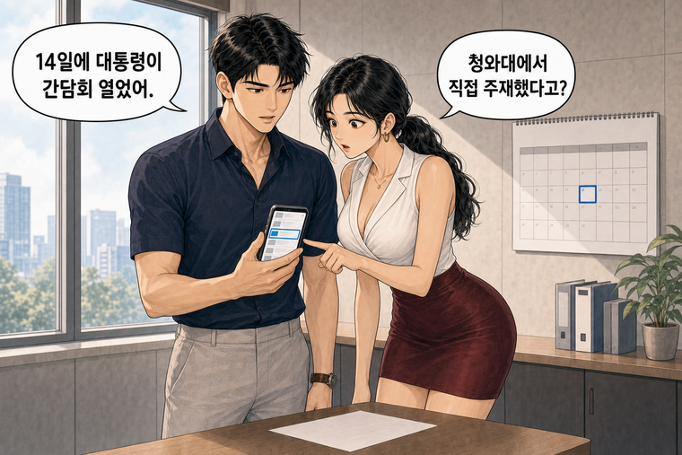 강태윤과 한서윤이 함께 등장하는 웹툰 3컷. 강태윤: 14일에 대통령이 간담회 열었어. 한서윤: 청와대에서 직접 주재했다고?