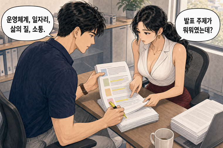 강태윤과 한서윤이 함께 등장하는 웹툰 4컷. 한서윤: 발표 주제가 뭐뭐였는데? 강태윤: 운영체계, 일자리, 삶의 질, 소통.
