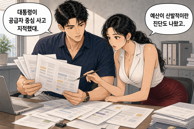 강태윤과 한서윤이 함께 등장하는 웹툰 5컷. 강태윤: 대통령이 공급자 중심 사고 지적했대. 한서윤: 예산이 산발적이란 진단도 나왔고.