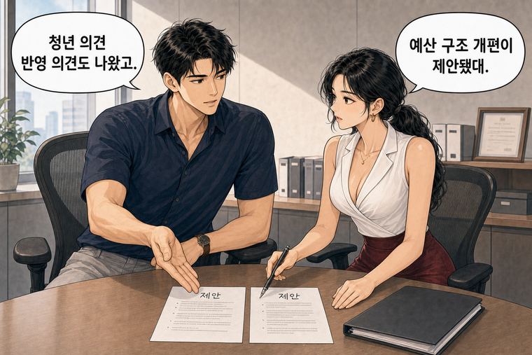 강태윤과 한서윤이 함께 등장하는 웹툰 6컷. 한서윤: 예산 구조 개편이 제안됐대. 강태윤: 청년 의견 반영 의견도 나왔고.