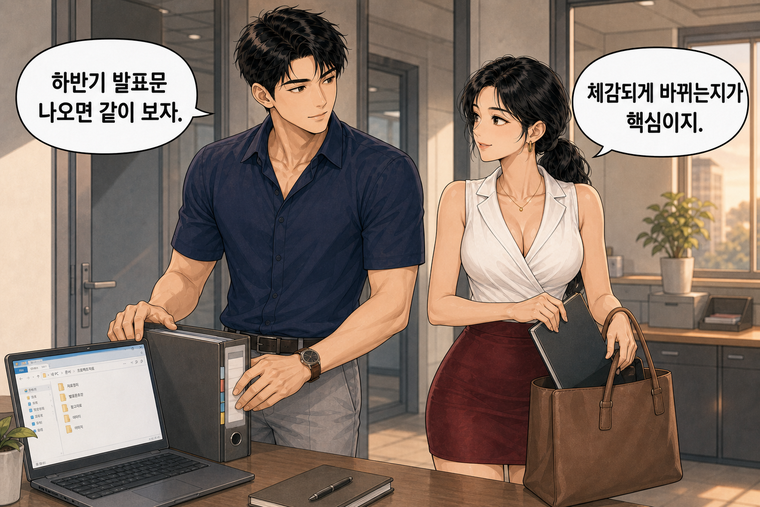 강태윤과 한서윤이 함께 등장하는 웹툰 8컷. 한서윤: 체감되게 바뀌는지가 핵심이지. 강태윤: 하반기 발표문 나오면 같이 보자.