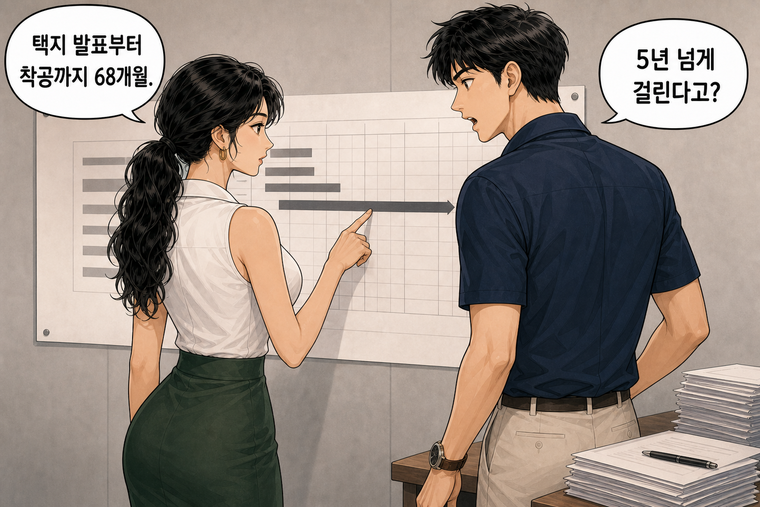 강태윤과 한서윤이 함께 등장하는 웹툰 3컷. 한서윤: 택지 발표부터 착공까지 68개월. 강태윤: 5년 넘게 걸린다고?