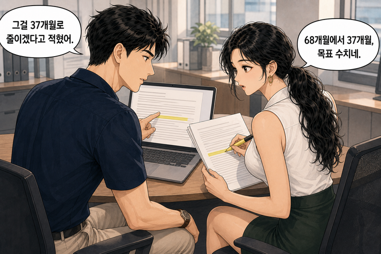강태윤과 한서윤이 함께 등장하는 웹툰 4컷. 강태윤: 그걸 37개월로 줄이겠다고 적혔어. 한서윤: 68개월에서 37개월, 목표 수치네.