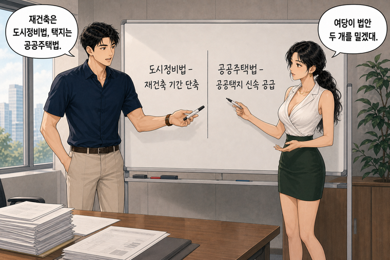 강태윤과 한서윤이 함께 등장하는 웹툰 5컷. 한서윤: 여당이 법안 두 개를 밀겠대. 강태윤: 재건축은 도시정비법, 택지는 공공주택법.
