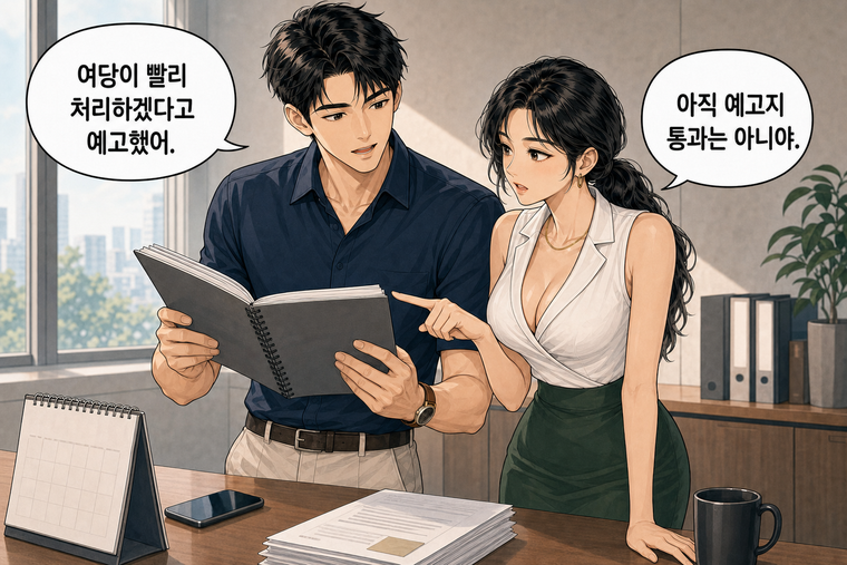 강태윤과 한서윤이 함께 등장하는 웹툰 6컷. 강태윤: 여당이 빨리 처리하겠다고 예고했어. 한서윤: 아직 예고지 통과는 아니야.