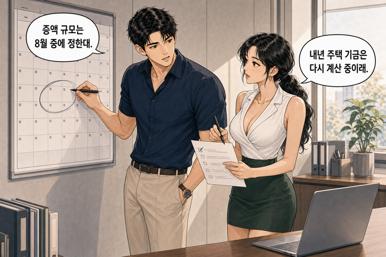 강태윤과 한서윤이 함께 등장하는 웹툰 7컷. 한서윤: 내년 주택 기금은 다시 계산 중이래. 강태윤: 증액 규모는 8월 중에 정한대.