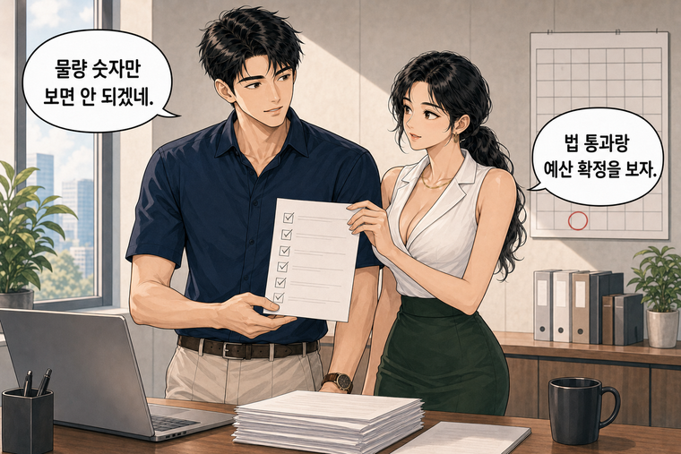 강태윤과 한서윤이 함께 등장하는 웹툰 8컷. 강태윤: 물량 숫자만 보면 안 되겠네. 한서윤: 법 통과랑 예산 확정을 보자.