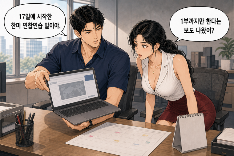 강태윤과 한서윤이 함께 등장하는 웹툰 1컷. 강태윤: 17일에 시작한 한미 연합연습 말이야. 한서윤: 1부까지만 한다는 보도 나왔어?
