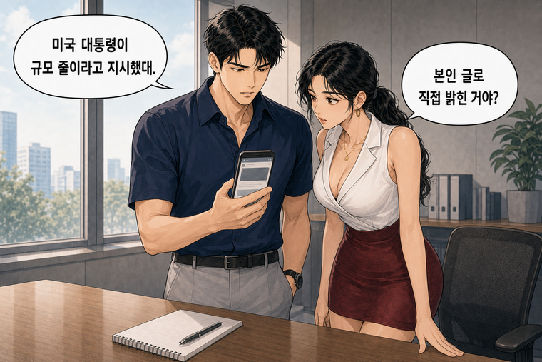 강태윤과 한서윤이 함께 등장하는 웹툰 3컷. 강태윤: 미국 대통령이 규모 줄이라고 지시했대. 한서윤: 본인 글로 직접 밝힌 거야?