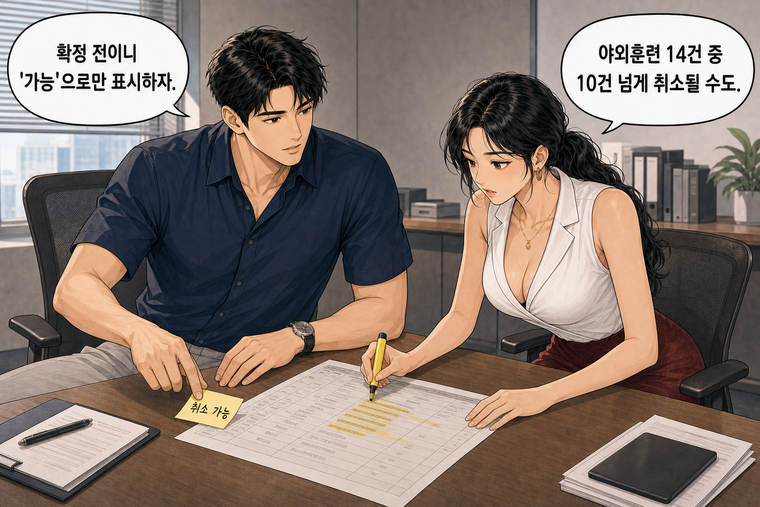 강태윤과 한서윤이 함께 등장하는 웹툰 6컷. 한서윤: 야외훈련 14건 중 10건 넘게 취소될 수도. 강태윤: 확정 전이니 '가능'으로만 표시하자.