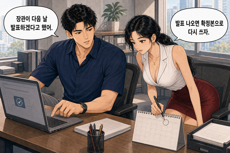 강태윤과 한서윤이 함께 등장하는 웹툰 7컷. 강태윤: 장관이 다음 날 발표하겠다고 했어. 한서윤: 발표 나오면 확정본으로 다시 쓰자.