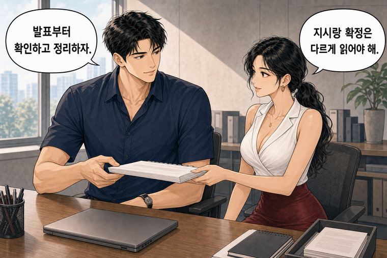 강태윤과 한서윤이 함께 등장하는 웹툰 8컷. 한서윤: 지시랑 확정은 다르게 읽어야 해. 강태윤: 발표부터 확인하고 정리하자.