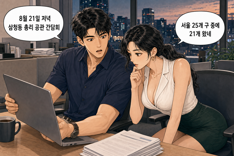 강태윤과 한서윤이 함께 등장하는 웹툰 1컷. 강태윤: 8월 21일 저녁 삼청동 총리 공관 간담회 한서윤: 서울 25개 구 중에 21개 왔네