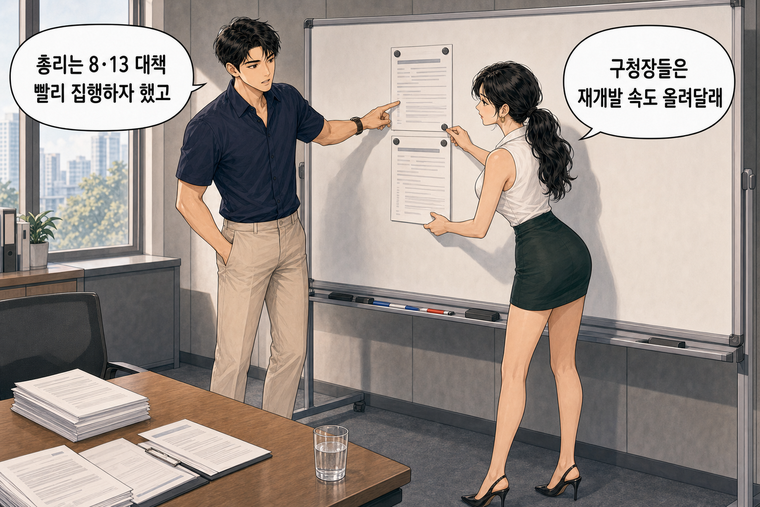 강태윤과 한서윤이 함께 등장하는 웹툰 3컷. 강태윤: 총리는 8·13 대책 빨리 집행하자 했고 한서윤: 구청장들은 재개발 속도 올려달래