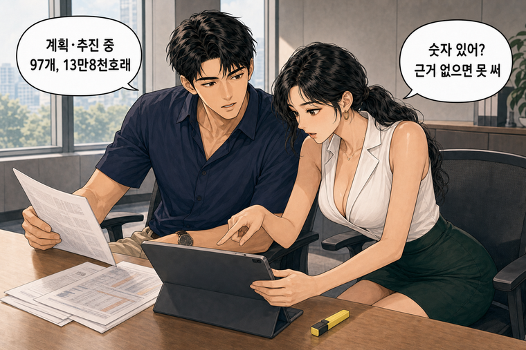 강태윤과 한서윤이 함께 등장하는 웹툰 4컷. 한서윤: 숫자 있어? 근거 없으면 못 써 강태윤: 계획·추진 중 97개, 13만8천호래