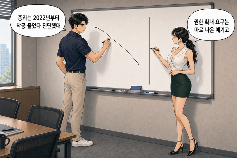 강태윤과 한서윤이 함께 등장하는 웹툰 5컷. 강태윤: 총리는 2022년부터 착공 줄었다 진단했대 한서윤: 권한 확대 요구는 따로 나온 얘기고