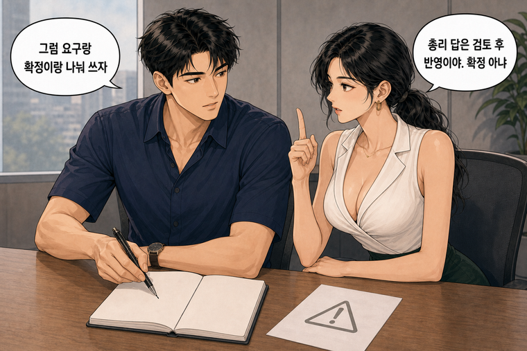 강태윤과 한서윤이 함께 등장하는 웹툰 6컷. 한서윤: 총리 답은 검토 후 반영이야. 확정 아냐 강태윤: 그럼 요구랑 확정이랑 나눠 쓰자