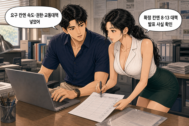 강태윤과 한서윤이 함께 등장하는 웹툰 7컷. 강태윤: 요구 칸엔 속도·권한·교통대책 넣었어 한서윤: 확정 칸엔 8·13 대책 발표 사실 확인