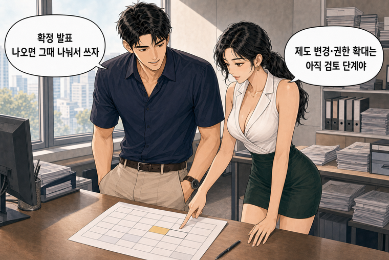 강태윤과 한서윤이 함께 등장하는 웹툰 8컷. 한서윤: 제도 변경·권한 확대는 아직 검토 단계야 강태윤: 확정 발표 나오면 그때 나눠서 쓰자