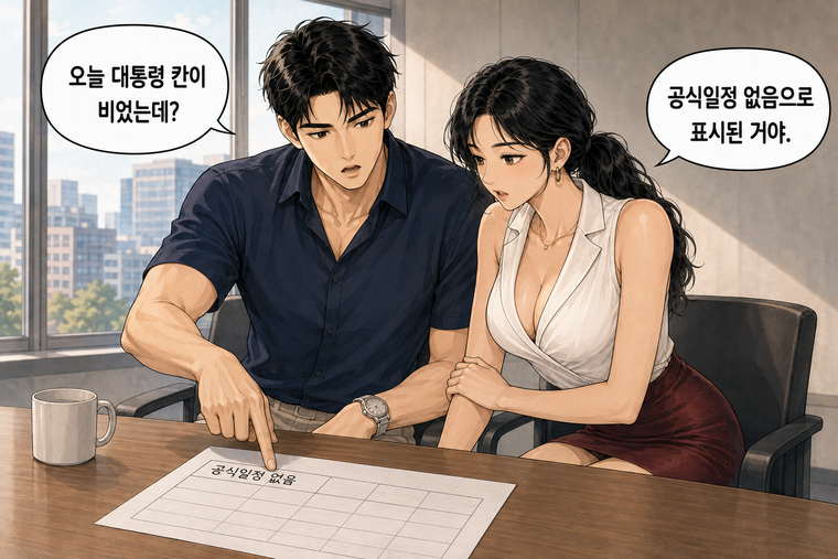강태윤과 한서윤이 함께 등장하는 웹툰 1컷. 강태윤: 오늘 대통령 칸이 비었는데? 한서윤: 공식일정 없음으로 표시된 거야.