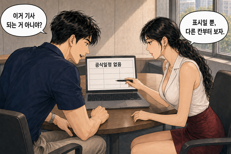 강태윤과 한서윤이 함께 등장하는 웹툰 2컷. 강태윤: 이거 기사 되는 거 아니야? 한서윤: 표시일 뿐, 다른 칸부터 보자.