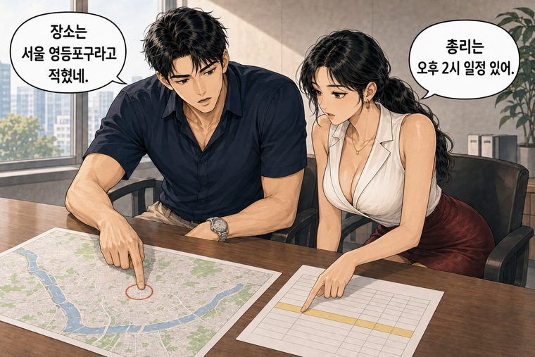 강태윤과 한서윤이 함께 등장하는 웹툰 3컷. 한서윤: 총리는 오후 2시 일정 있어. 강태윤: 장소는 서울 영등포구라고 적혔네.