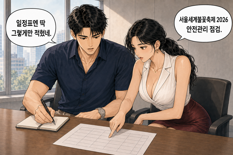 강태윤과 한서윤이 함께 등장하는 웹툰 4컷. 한서윤: 서울세계불꽃축제 2026 안전관리 점검. 강태윤: 일정표엔 딱 그렇게만 적혔네.