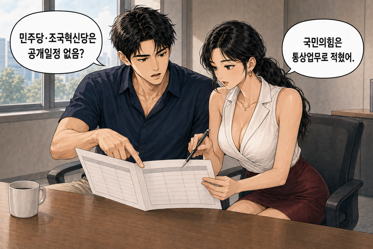 강태윤과 한서윤이 함께 등장하는 웹툰 5컷. 강태윤: 민주당·조국혁신당은 공개일정 없음? 한서윤: 국민의힘은 통상업무로 적혔어.