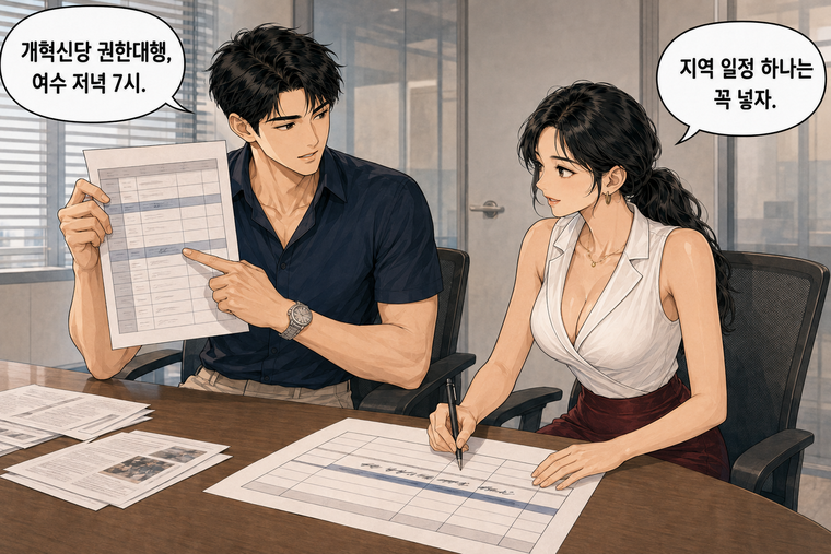 강태윤과 한서윤이 함께 등장하는 웹툰 6컷. 한서윤: 지역 일정 하나는 꼭 넣자. 강태윤: 개혁신당 권한대행, 여수 저녁 7시.