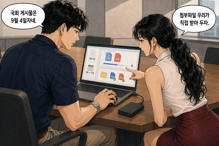 강태윤과 한서윤이 함께 등장하는 웹툰 7컷. 강태윤: 국회 게시물은 9월 4일자네. 한서윤: 첨부파일 우리가 직접 받아 두자.