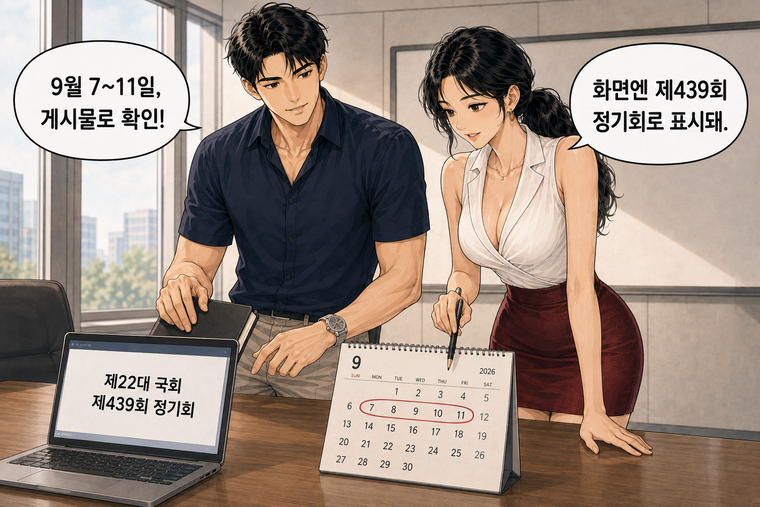 강태윤과 한서윤이 함께 등장하는 웹툰 8컷. 한서윤: 화면엔 제439회 정기회로 표시돼. 강태윤: 9월 7~11일, 게시물로 확인!