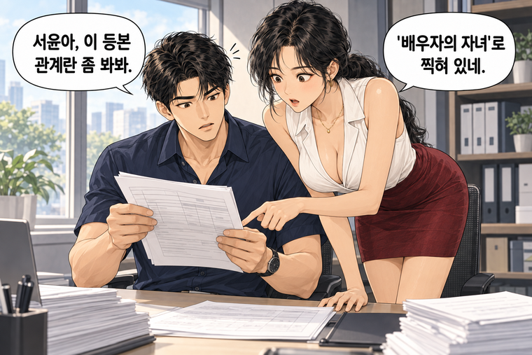 강태윤과 한서윤이 함께 등장하는 웹툰 1컷. 강태윤: 서윤아, 이 등본 관계란 좀 봐봐. 한서윤: '배우자의 자녀'로 찍혀 있네.