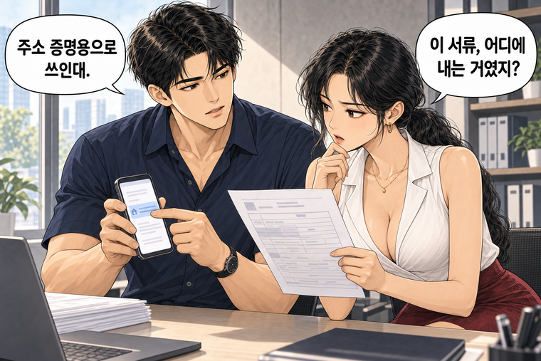 강태윤과 한서윤이 함께 등장하는 웹툰 2컷. 한서윤: 이 서류, 어디에 내는 거였지? 강태윤: 주소 증명용으로 쓰인대.
