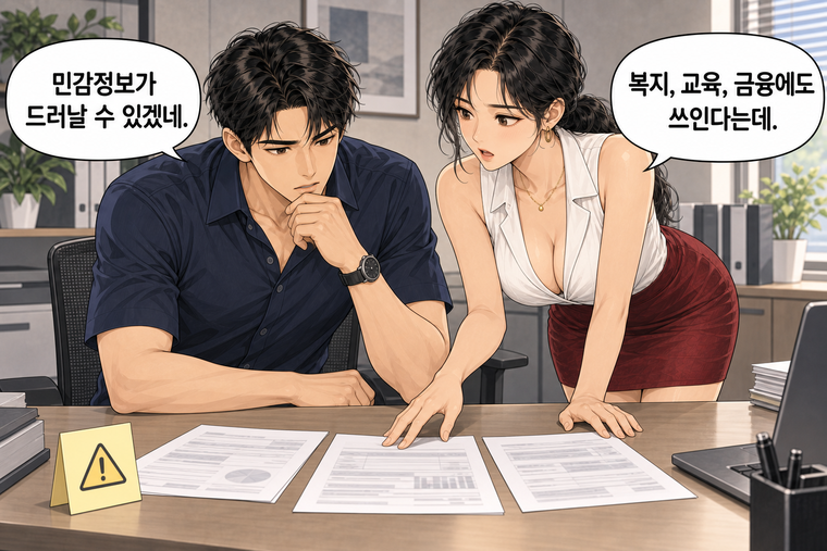 강태윤과 한서윤이 함께 등장하는 웹툰 3컷. 한서윤: 복지, 교육, 금융에도 쓰인다는데. 강태윤: 민감정보가 드러날 수 있겠네.