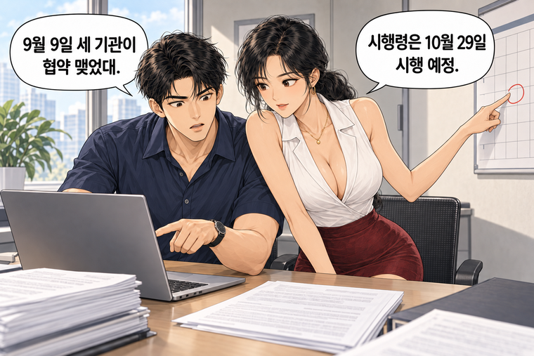 강태윤과 한서윤이 함께 등장하는 웹툰 4컷. 강태윤: 9월 9일 세 기관이 협약 맺었대. 한서윤: 시행령은 10월 29일 시행 예정.