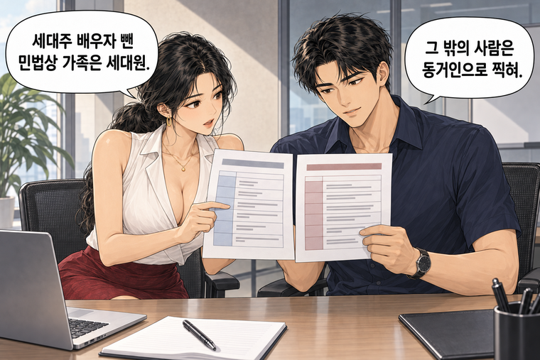 강태윤과 한서윤이 함께 등장하는 웹툰 5컷. 한서윤: 세대주 배우자 뺀 민법상 가족은 세대원. 강태윤: 그 밖의 사람은 동거인으로 찍혀.
