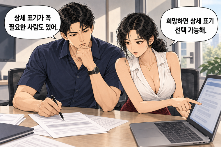 강태윤과 한서윤이 함께 등장하는 웹툰 6컷. 강태윤: 상세 표기가 꼭 필요한 사람도 있어. 한서윤: 희망하면 상세 표기 선택 가능해.