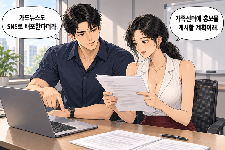 강태윤과 한서윤이 함께 등장하는 웹툰 7컷. 한서윤: 가족센터에 홍보물 게시할 계획이래. 강태윤: 카드뉴스도 SNS로 배포한다더라.