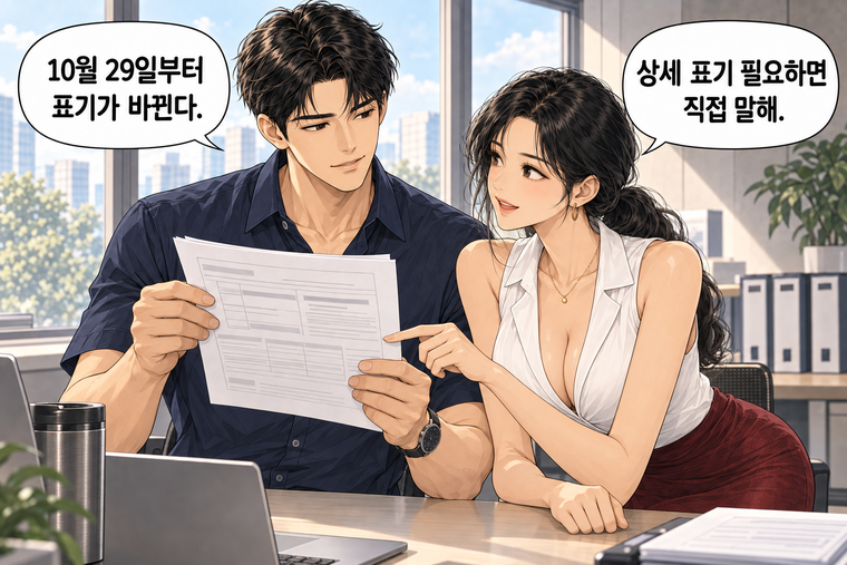 강태윤과 한서윤이 함께 등장하는 웹툰 8컷. 강태윤: 10월 29일부터 표기가 바뀐다. 한서윤: 상세 표기 필요하면 직접 말해.