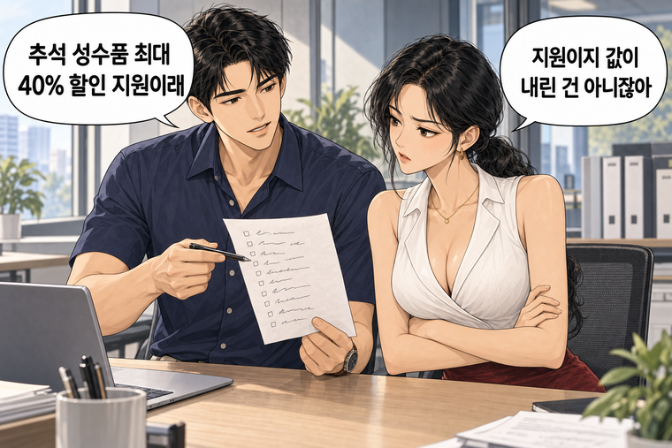 강태윤과 한서윤이 함께 등장하는 웹툰 1컷. 강태윤: 추석 성수품 최대 40% 할인 지원이래 한서윤: 지원이지 값이 내린 건 아니잖아
