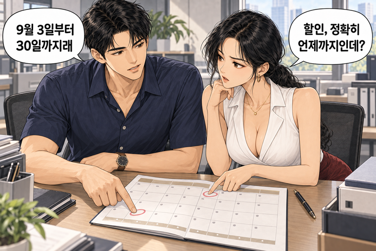 강태윤과 한서윤이 함께 등장하는 웹툰 2컷. 한서윤: 할인, 정확히 언제까지인데? 강태윤: 9월 3일부터 30일까지래