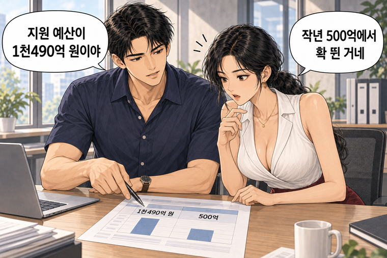 강태윤과 한서윤이 함께 등장하는 웹툰 3컷. 강태윤: 지원 예산이 1천490억 원이야 한서윤: 작년 500억에서 확 뛴 거네