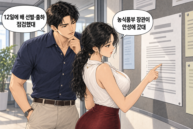 강태윤과 한서윤이 함께 등장하는 웹툰 4컷. 한서윤: 농식품부 장관이 안성에 갔대 강태윤: 12일에 배 선별·출하 점검했대