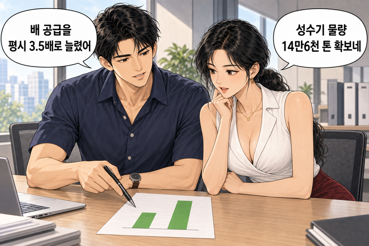 강태윤과 한서윤이 함께 등장하는 웹툰 5컷. 강태윤: 배 공급을 평시 3.5배로 늘렸어 한서윤: 성수기 물량 14만6천 톤 확보네