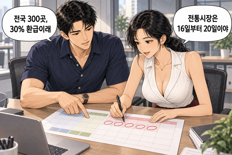 강태윤과 한서윤이 함께 등장하는 웹툰 6컷. 한서윤: 전통시장은 16일부터 20일이야 강태윤: 전국 300곳, 30% 환급이래