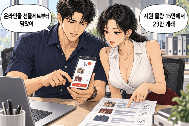 강태윤과 한서윤이 함께 등장하는 웹툰 7컷. 강태윤: 온라인몰 선물세트부터 담았어 한서윤: 지원 물량 15만에서 23만 개래