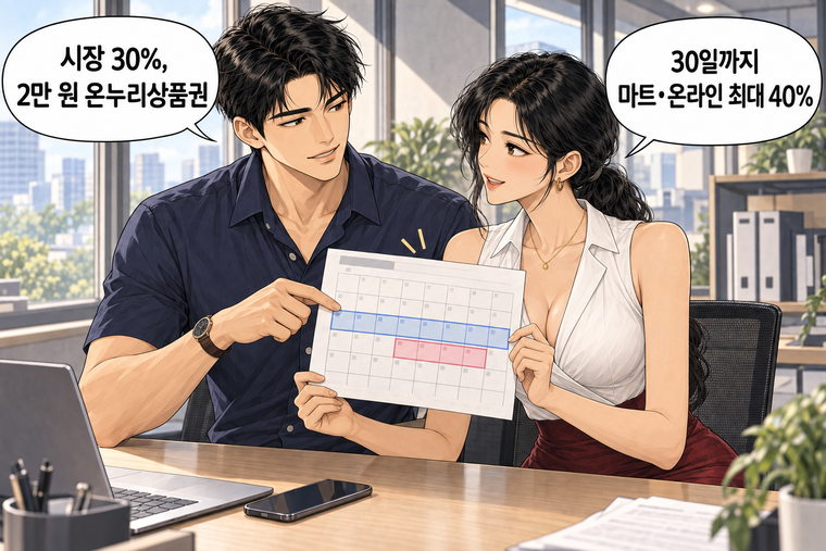 강태윤과 한서윤이 함께 등장하는 웹툰 8컷. 한서윤: 30일까지 마트·온라인 최대 40% 강태윤: 시장 30%, 2만 원 온누리상품권