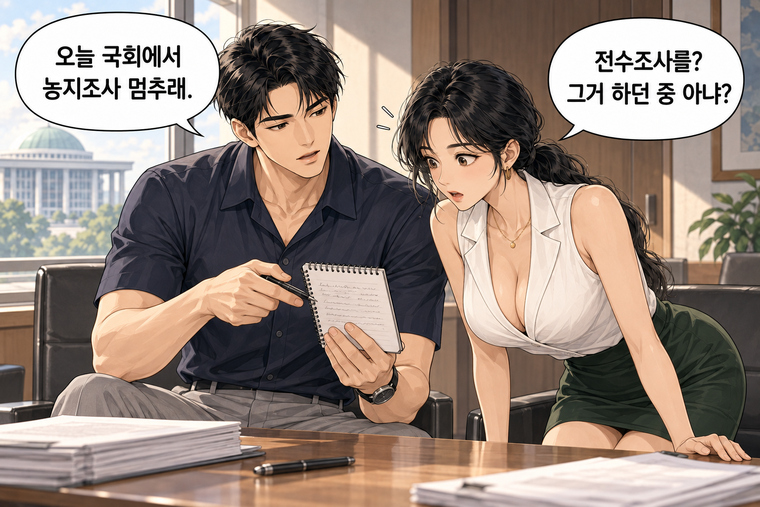 강태윤과 한서윤이 함께 등장하는 웹툰 1컷. 강태윤: 오늘 국회에서 농지조사 멈추래. 한서윤: 전수조사를? 그거 하던 중 아냐?
