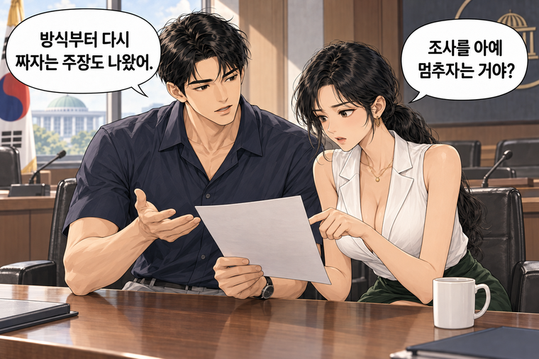 강태윤과 한서윤이 함께 등장하는 웹툰 2컷. 한서윤: 조사를 아예 멈추자는 거야? 강태윤: 방식부터 다시 짜자는 주장도 나왔어.