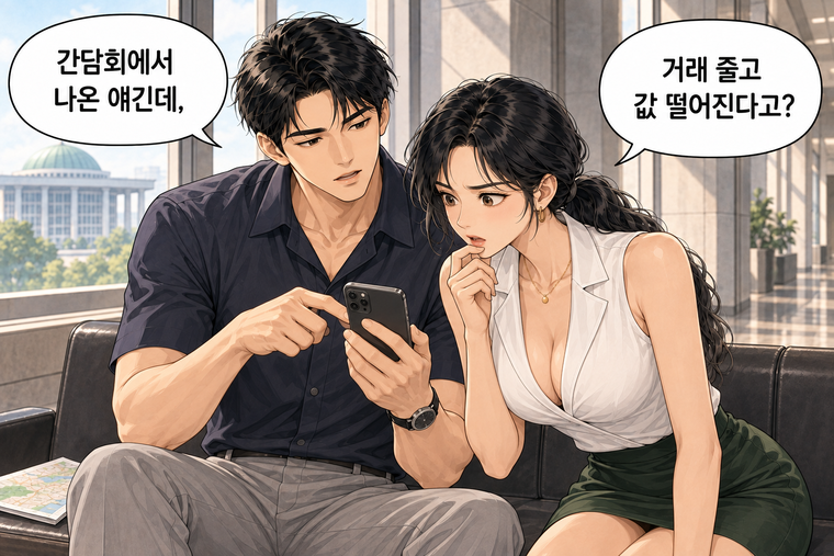 강태윤과 한서윤이 함께 등장하는 웹툰 3컷. 강태윤: 간담회에서 나온 얘긴데, 한서윤: 거래 줄고 값 떨어진다고?